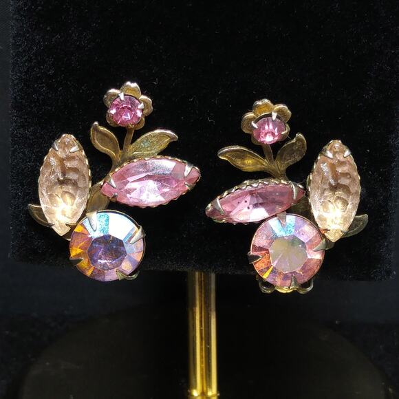 Vintage Pink AB Rhinestone Floral Earrings, Lava Glass, 1950s, 1 3/8 Inches - Picture 1 of 10
